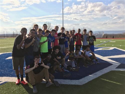 2018 Boys Track Team with the MHAL plaque with Coach Leo Sladewski 